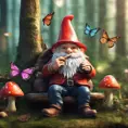 Gnome, smoking pipe, mushroom seat, butterflies, forest., 4k