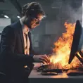 An IT worker typing so quickly that his keyboard starts burning, 4k