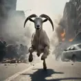 A regular sized goat on a wild rampage through a terrified and burning city. The goats insane energy is flinging pedestrians and cars aside as it rockets through the scene of a crowded city Street with overwhelming power, 4k, Atmospheric