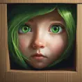 A cardboard box. Through the handle hole, a pair of bright green eyes can be seen peering out of the darkness, 4k, Atmospheric, Award-Winning by Stanley Artgerm Lau