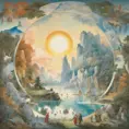 The image presents a fantastical, circular landscape that seamlessly transitions through the seasons as well as times of day, unified by a radiant central sun. The composition is a meticulous symphony of natural elements - towering ice cliffs, lush forests, and tranquil waters - juxtaposed with a multitude of human figures engaged in various activities suggestive of harmony with nature. Colors range from the cool blues and whites of winter to the warm autumnal golds and fiery tones suggesting summer, while the lighting is masterful, varying from the soft glow of dawn to the vivid brightness of noon and the gentle twilight. Please note that while I strive to describe the image accurately, my description may not fully capture the vibrancy or the subtle nuances of the artwork., 4k by Stanley Artgerm Lau