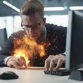 An IT worker typing so quickly that his keyboard starts burning, 4k