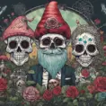 Two garden gnomes, a sentient mushroom, and a sugar skull who once played a gig at CBGB in New York City converse about the boundaries of artificial intelligence, 4k