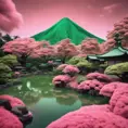 volcano japanese garden and trees, green and pink, captured using infrared photography, 8k, Sharp Focus, Smooth, Landscape by Studio Ghibli