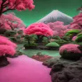 volcano japanese garden and trees, green and pink, captured using infrared photography, 8k, Sharp Focus, Smooth, Landscape by Studio Ghibli