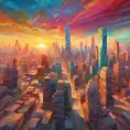 Generate an image of a bustling, colorful metropolis filled with towering skyscrapers and a vibrant sunrise, contrasting the calm and monotonous desert landscape depicted in a Van Gogh-inspired, distorted reality style, 4k by Stanley Artgerm Lau