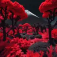 volcano garden and trees, bold red and black colors, captured using infrared photography, 8k, Sharp Focus, Smooth, Landscape