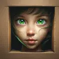 A cardboard box. Through the handle hole, a pair of bright green eyes can be seen peering out of the darkness, 4k, Atmospheric, Award-Winning by Stanley Artgerm Lau