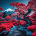 volcano japanese garden and trees, red and blue, captured using infrared photography, 8k, Sharp Focus, Smooth, Landscape by Stefan Kostic