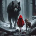 Little Red Riding Hood encountering the Big Bad Wolf in a dark forest, 4k, Atmospheric, Hyper Realistic by Stanley Artgerm Lau