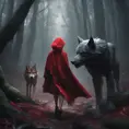 Little Red Riding Hood encountering the Big Bad Wolf in a dark forest, 4k, Atmospheric, Hyper Realistic by Stanley Artgerm Lau