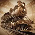 Create a highly detailed sepia-toned steampunk locomotive with intricate gears and mechanical parts, billowing steam, and vintage engineering blueprints in the background, 4k, Steampunk