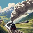 The orient express train moving at speed on the track on a sunny day with mountains in the background 1920, steam, Fantasy