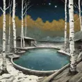 Japanese hot springs, the edge of the hot spring is made of wood, the view from the perspective of the person bathing in the hot spring, the surroundings are a white birch forest, the forest in front of you, a fox in the forest, a starry sky, the surroundings. There are no people., Matte Painting by Vincent van Gogh