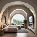Modern take on upscale bali inspired small condo white cream stone, light wood round arches interor view of dark bedroom, Award-Winning, Photo Realistic