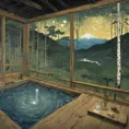 Japanese hot springs, the edge of the hot spring is made of wood, the view from the perspective of the person bathing in the hot spring, the surroundings are a white birch forest, the forest in front of you, a fox in the forest, a starry sky, the surroundings. There are no people., Matte Painting by Vincent van Gogh