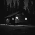 cabin in the night black background, black and white picture, only the window is lit, Dark