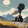 The orient express train moving at speed on the track on a sunny day with mountains in the background 1920, steam, Fantasy