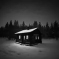 cabin in the night black background, black and white picture, only the window is lit, Dark