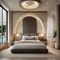 Modern take on upscale bali inspired small condo white cream stone, light wood round arches interor view of dark bedroom, Award-Winning, Photo Realistic