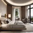 Modern take on upscale bali inspired small condo white cream stone, light wood round arches interor view of dark bedroom, Award-Winning, Photo Realistic