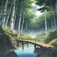 Japanese hot springs, the edge of the hot spring is made of wood, the view from the perspective of the person bathing in the hot spring, the surroundings are a white birch forest, the forest in front of you, a fox in the forest, a starry sky, the surroundings. There are no people., Matte Painting by Studio Ghibli
