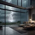 Interior architectural, beautiful interior living room with floor to ceiling glass windows overlooking the ocean, thunderstorm outside with torrential rain, 8k, High Resolution, Highly Detailed, Darkwave, Photo Realistic, Moody Lighting, Gloomy
