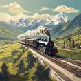 The orient express train moving at speed on the track on a sunny day with mountains in the background 1920, steam, Fantasy