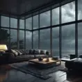 Interior architectural, beautiful interior living room with floor to ceiling glass windows overlooking the ocean, thunderstorm outside with torrential rain, 8k, High Resolution, Highly Detailed, Darkwave, Photo Realistic, Moody Lighting, Gloomy