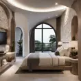 Modern take on upscale bali inspired small condo white cream stone, light wood round arches interor view of dark bedroom, Award-Winning, Photo Realistic