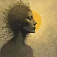 Sun profile, halftone pattern, editorial illustration of the memento morti, higly textured, genre defining mixed media collage painting, fringe absurdism, simple flowing shapes, subtle shadows, paper texture, minimalist color scheme, Award-Winning by Zdzislaw Beksinski