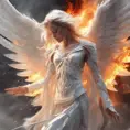 An angel in white with wings made of fire on a battlefield, 8k, Highly Detailed, Stunning, Volumetric Lighting, Fantasy, Dark by Stanley Artgerm Lau