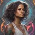 Gugu Mbatha-Raw, colorful painting on grey scale face, powerful, magic, thunders, dramatic lighting, intricate tattoos, wild, highly detailed, digital painting, artstation, concept art, smooth, sharp focus, illustration, art by artgerm and greg rutkowski and alphonse mucha, footage, 4k, Hyper Detailed