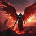An armed angel with wings made of fire on a bloody battlefield with a bloodred sunset, 8k, Highly Detailed, Stunning, Volumetric Lighting, Fantasy, Dark by Stefan Kostic