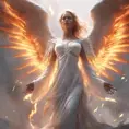 An angel in white with wings made of fire on a battlefield, 8k, Highly Detailed, Stunning, Volumetric Lighting, Fantasy, Dark by Stanley Artgerm Lau