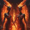 An angel and a demon surrounded by fire, 8k, Trending on Artstation, Symmetrical Face, Digital Illustration, Concept Art by Stefan Kostic