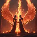An angel and a demon surrounded by fire, 8k, Trending on Artstation, Symmetrical Face, Digital Illustration, Concept Art by Greg Rutkowski