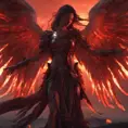 An angel with wings made of fire on a bloody battlefield with a bloodred sunset, 8k, Highly Detailed, Stunning, Volumetric Lighting, Fantasy, Dark by WLOP