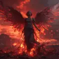 An angel with wings made of fire on a bloody battlefield with a bloodred sunset, 8k, Highly Detailed, Stunning, Volumetric Lighting, Fantasy, Dark by WLOP
