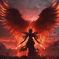 An angel with wings made of fire on a bloody battlefield with a bloodred sunset, 8k, Highly Detailed, Stunning, Volumetric Lighting, Fantasy, Dark by WLOP
