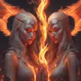 An angel and a demon surrounded by fire, 8k, Trending on Artstation, Symmetrical Face, Digital Illustration, Concept Art by Stanley Artgerm Lau