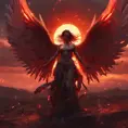 An angel with wings made of fire on a bloody battlefield with a bloodred sunset, 8k, Highly Detailed, Stunning, Volumetric Lighting, Fantasy, Dark by Stanley Artgerm Lau