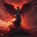 An armed angel with wings made of fire on a bloody battlefield with a bloodred sunset, 8k, Highly Detailed, Stunning, Volumetric Lighting, Fantasy, Dark by Stefan Kostic