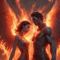 An angel and a demon surrounded by fire, 8k, Trending on Artstation, Symmetrical Face, Digital Illustration, Concept Art by Stanley Artgerm Lau