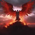 An angel with wings made of fire on a bloody battlefield with a bloodred sunset, 8k, Highly Detailed, Stunning, Volumetric Lighting, Fantasy, Dark by Greg Rutkowski
