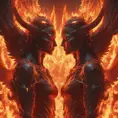 An angel and a demon surrounded by fire, 8k, Trending on Artstation, Symmetrical Face, Digital Illustration, Concept Art by Stefan Kostic