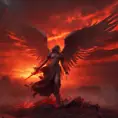 An angel with wings made of fire on a bloody battlefield with a bloodred sunset, 8k, Highly Detailed, Stunning, Volumetric Lighting, Fantasy, Dark by Greg Rutkowski