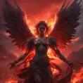 An angel with wings made of fire on a bloody battlefield with a bloodred sunset, 8k, Highly Detailed, Stunning, Volumetric Lighting, Fantasy, Dark by Stanley Artgerm Lau