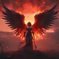 An angel with wings made of fire on a bloody battlefield with a bloodred sunset, 8k, Highly Detailed, Stunning, Volumetric Lighting, Fantasy, Dark by WLOP