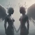 An angel and a demon in the fog of war, 8k, Symmetrical Face, Digital Illustration, Octane Render, Concept Art by Greg Rutkowski